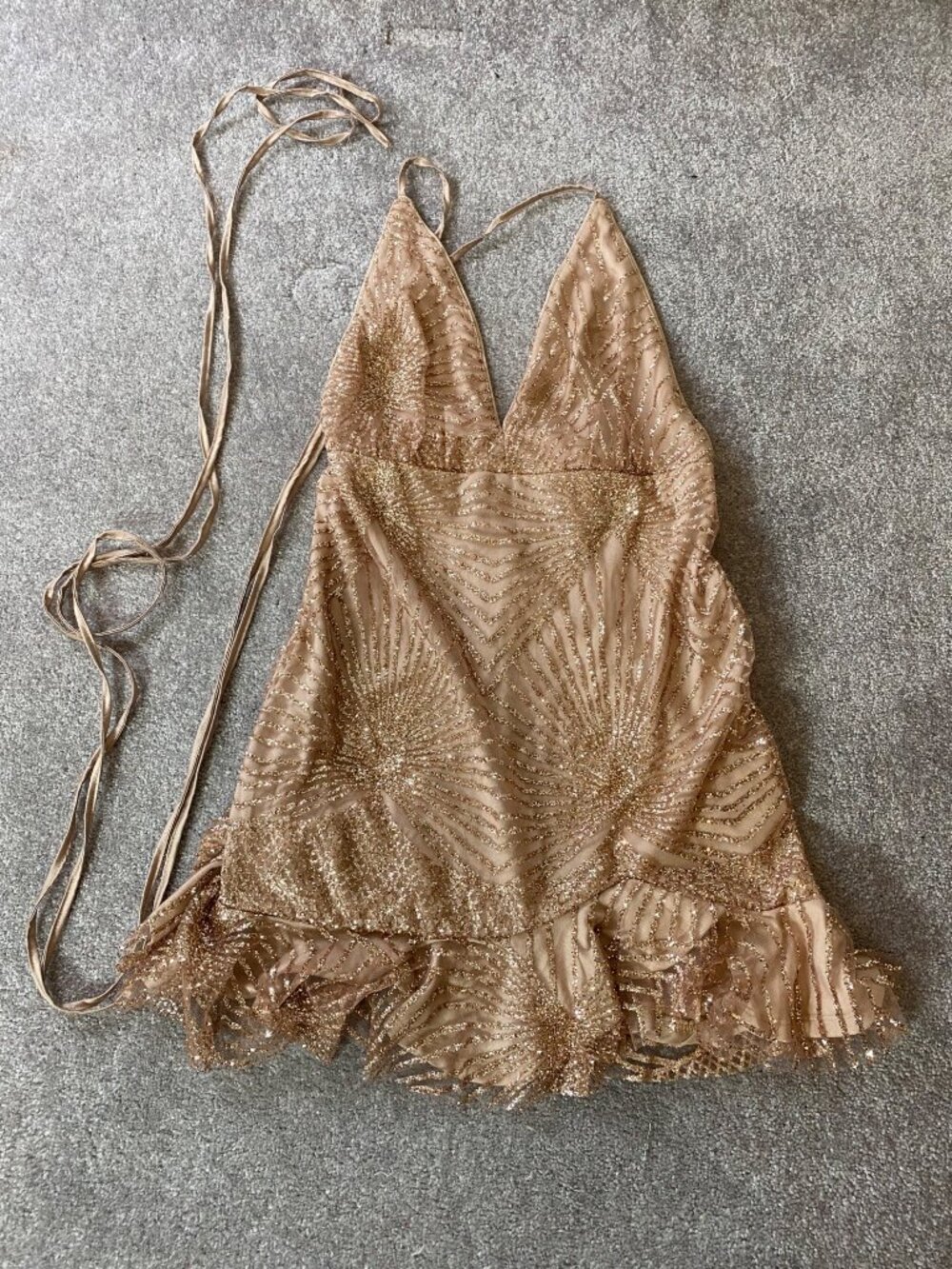 NWT Hello Molly Bronze Sequin Mini Dress Ruffle Hem Medium